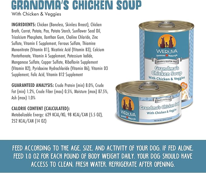 Weruva Classic Dog Food, Grandma's Chicken Soup with Chicken Breast & Veggies, 14oz Can (Pack of 12), Teal (878408004568)