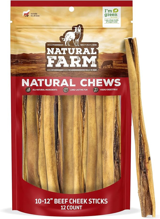 Natural Farm Bully Cheek Stick, 10-12 Inch (12-Pack)- Best Bully Stick Alternative, 100% Natural Beef Cheeks for Dogs- High Protein, Cleans Teeth Treats, Long Lasting Beef Chews for All Dog Sizes