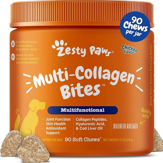 Zesty Paws Multi Collagen Soft Chews for Dogs - for Hip, Joint & Cartilage Support + Skin Health - with Collagen - Plus Eggshell Membrane, Vitamin C & Hyaluronic Acid - 90 Count