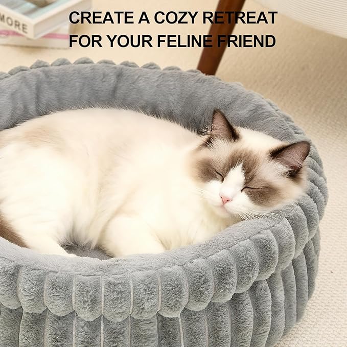 Cat Bed Kitten Bed, Washable Round Cat Beds for Indoor Cats, Super Soft Plush Faux Fur Pet Bed for Puppy and Kitten with Anti-Slip Bottom Medium