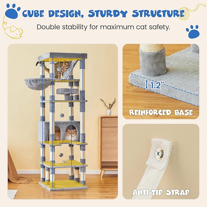 MWPO 74.8 inches Large Cat Tree with Sisal-Covered Scratching Posts & Condo, Tall Cat Tower Entertainment Playground Furniture for Cats & Kittens - Multiple Colors-Light Gray