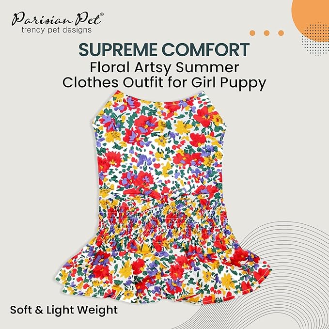 Parisian Pet Floral Printed Summer Dress - 100% Cotton Breathable Ruched Waist Dog Clothes - Beach Outfit - Cat Apparel - Dresses for Small Dogs Girl - L