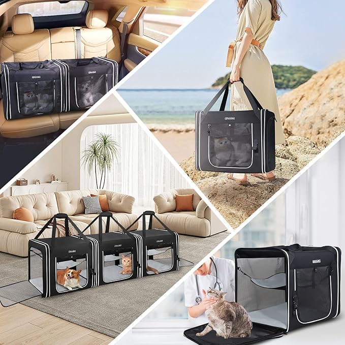 Petskd Combinable Pet Carrier for Large Cat or Medium Dog, 18"x17"x17" Large Cat Carrier for Car Travel, 2 Small Pet Soft Carriers with Food Bag, Bowl and Safety Locking Zippers for Vet, Camping