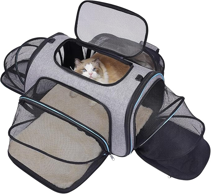 Siivton 4 Sides Expandable Pet Carrier, Airline Approved Soft-Sided Dog Cat Carrier Bag with Fleece Pad for Cats, Puppy and Small Animals (4 Extension Gray_Blue, L:18.0" L x 11.0" W x 11.0" H)