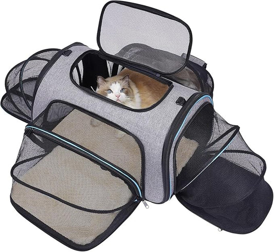 Siivton 4 Sides Expandable Pet Carrier, Airline Approved Soft-Sided Dog Cat Carrier Bag with Fleece Pad for Cats, Puppy and Small Animals (4 Extension Gray_Blue, L:18.0" L x 11.0" W x 11.0" H)