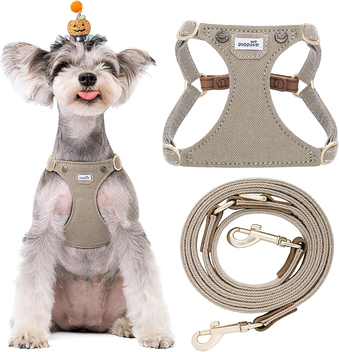 Puppytie No Pull Small Dog Harness with Multifunction Dog Leash, Lightweight Soft Adjustable No Choke Escape Proof Pet Harness Vest, Denim Mocha Brown