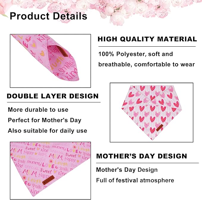 ADOGGYGO Mothers Day Dog Bandanas, Reversible Pink Pet Scarf, Premium Durable Fabric, Adjustable Fit Holiday Bandanas for Small Dogs Pets (Small)