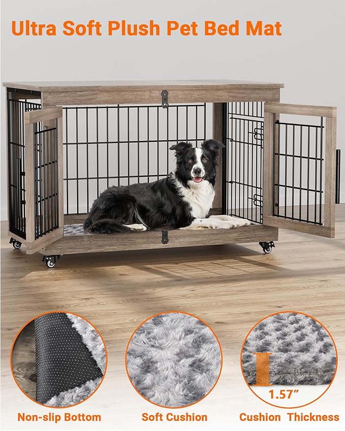 Dog Crate Furniture with Cushion Set of 2, Large Wooden Dog Kennel Indoor with Double Doors, Dog Cage with Wheels, Dog House Side End Table for Large Medium Dogs up to 70 lb, 38.5” L, Grey