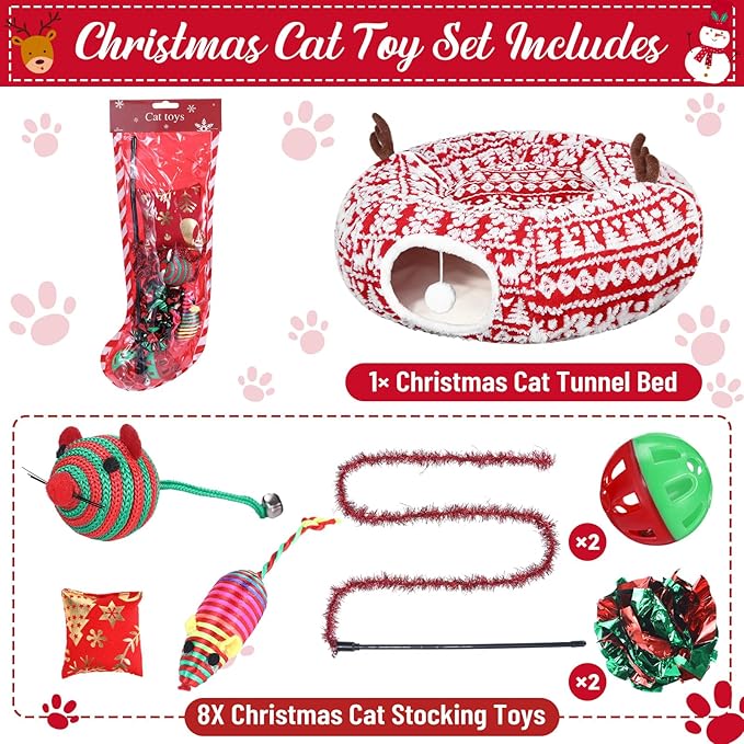 Christmas Cat Tunnel Bed with 8 Cat Toys Fluffy Plush Dog Tunnel Bed with Washable Cushion and Dangling Balls 3FT Multifunctional Playground for Small Medium Large Rabbit(Snowflake,Red)