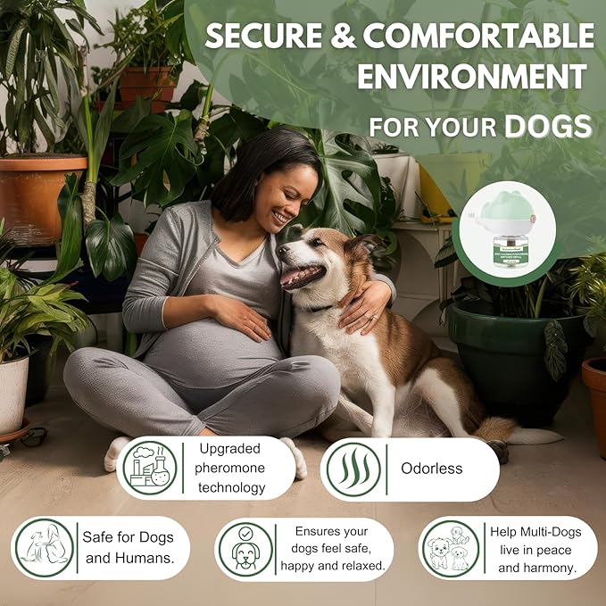 Dog Pheromone Diffuser Kit, Pet Diffuser for Stress Support, Reduces Stress and Promotes Relaxed Behavior, 2 Plug-in + 4 Packs Refill, 120 Day Supply (Non-Toxic, Safe & Inedible), Diffuser with Light