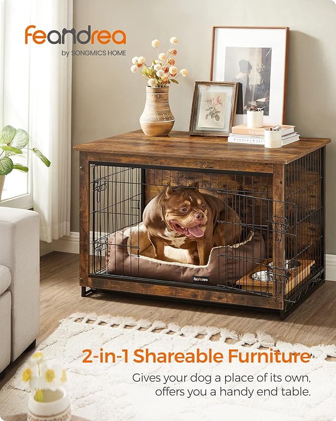 Feandrea Dog Crate Furniture, 38.6" Side End Table, Modern Kennel for Dogs Indoor up to 70 lb, Heavy-Duty Dog Cage with Multi-Purpose Removable Tray, Double-Door Dog House, Rustic Brown UPFC003X01