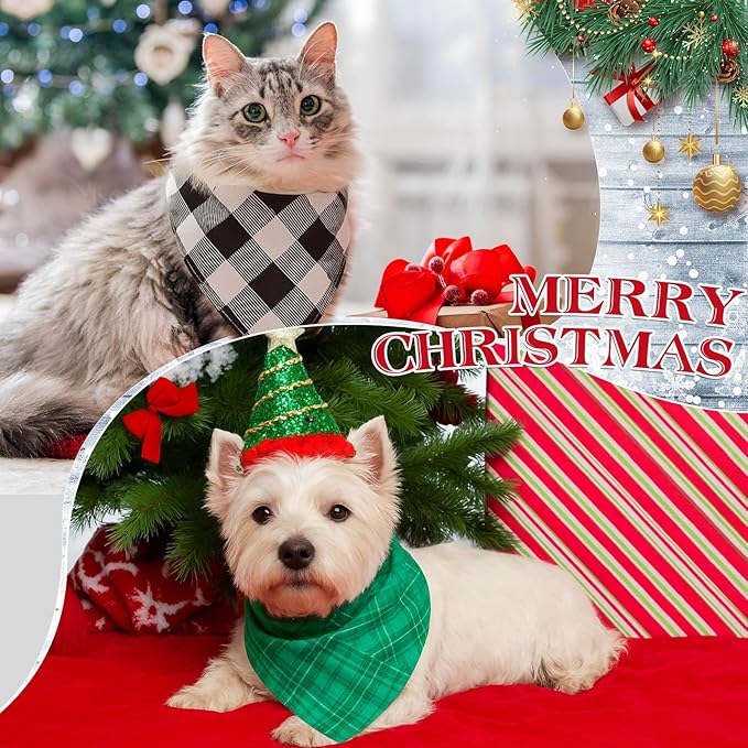 Weewooday 50 Pcs Christmas Dog Bandanas Bulk Xmas Red Green Buffalo Plaid Bandanas for Dogs Soft Bibs Adjustable Triangle Scarf for Small Medium Large Pets Costume (31.5 x 21.7 x 21.7 Inch)