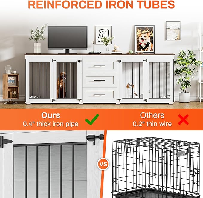 Rophefx 94.5" Dog Crate Furniture for 2 Dogs, Large Dog Kennel Furniture with 3 Storage Drawer, Wooden Dog Cage with 4 Bowls, Indoor Dog House TV Stand with Locks for Large Medium Dog, White