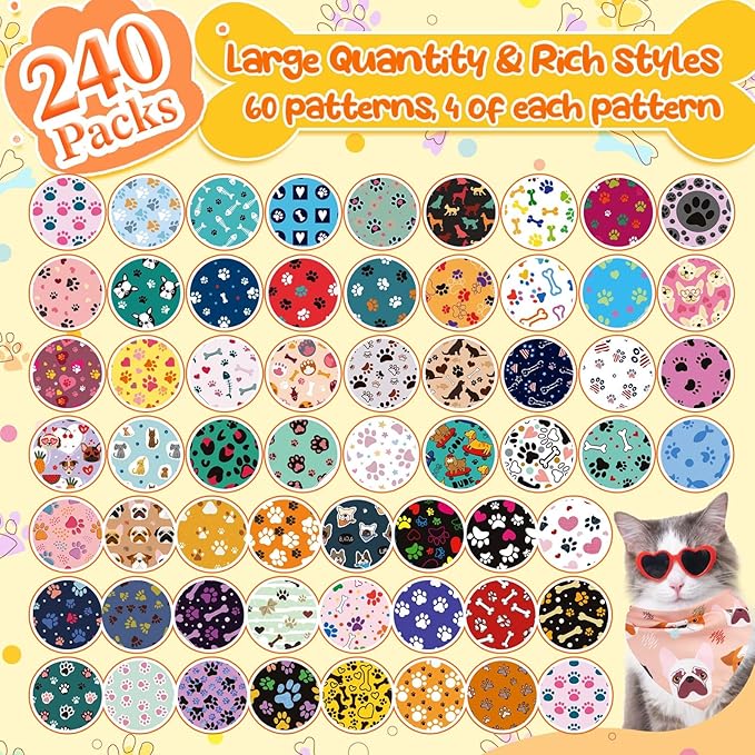 Geyoga 240 Pcs Halloween Dog Bandanas Bulk Thanksgiving Pet Bandanas Adjustable Fall Triangle Dog Grooming Scarf Bibs Kerchief for Small Medium Large Cats Pet Costume A(Paw Print)