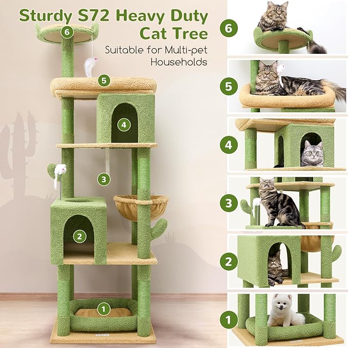 Globlazer S72 Heavy Duty Cactus Cat Tree for Large Cats, Sturdy 72in Maine Coon Cat Tree with 6 Scratching Posts, Hammock