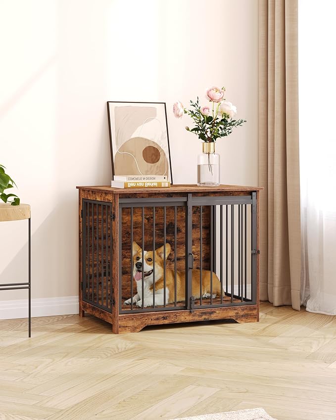 31.9" Dog Crate Furniture with Barn Door, Heavy Duty Dog Kennel Indoor with 2 Doors, Wooden Pet Cage End Table for Small Medium Dogs up to 44 lb, Anti-Chew Anti-Escape, Rustic Brown DFC83601B