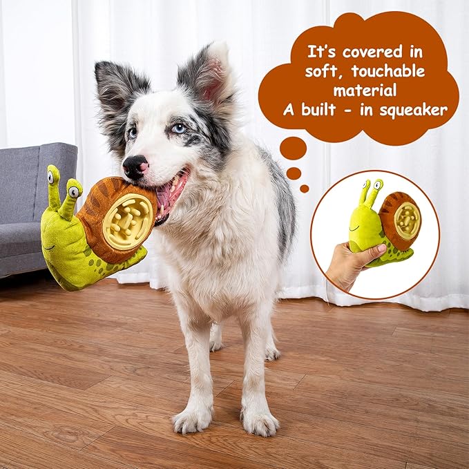 Hollypet Squeaky Plush Stuffed Dog Puzzle Toy with Slow Feeder Bowl, Interactive Chew Toy for Small and Medium Dogs, Snail
