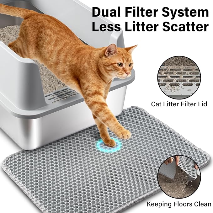 2 Pack Stainless Steel Cat Litter Box with Lid,XL Extra Large Litterox for Big Cats with High Sided,Non-Sticky,Easy Cleaning, Include Litter Mat & Scoop,23x14.6x9.9in