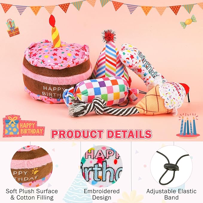 SCENEREAL Dog Birthday Squeaky Toy Set, 5 Pcs Stuffed Plush Pet Toys Birthday Gift for Dogs Boys and Girls Birthday Party, Cute Durable Interactive Puppy Teething Chew Toys for Small Medium Dogs