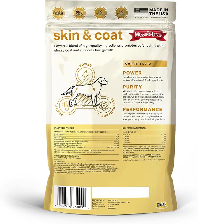 The Missing Link Skin & Coat + Probiotics Supplement 1lb Bag - Powerful Superfood Powder for Dogs Supports Healthy Skin & Glossy Coat, Promotes Hair Growth
