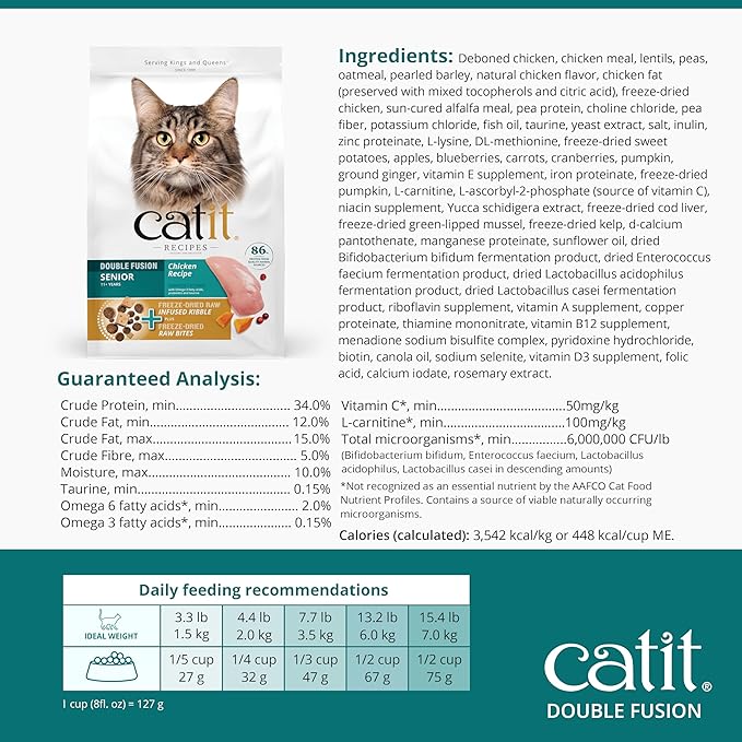 Catit Recipes Double Fusion Senior Chicken Recipe – High-Protein, Freeze-Dried Raw Meat, Nutrient-Dense for Healthy Senior Cats, Fresh Chicken, No Corn, Wheat, Soy, or by-Products, 4 lb