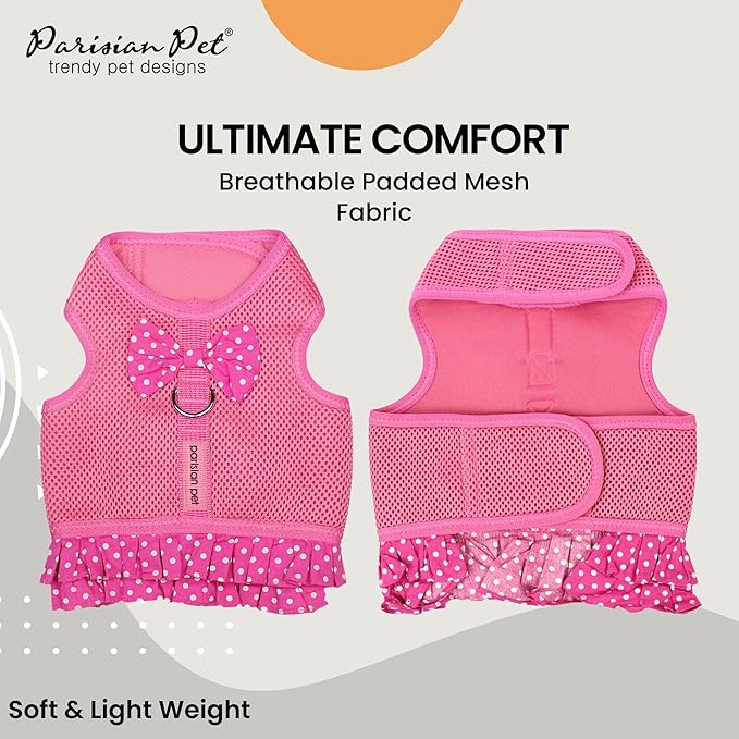 Parisian Pet Step in Dog Harness - 100% Mesh Fabric Pink Girl Dog Harnesses - Soft Fully Padded, No Pull Dog Vest Harness Dress - Puppy Harness - Dog Harness Small Sized Dog - S