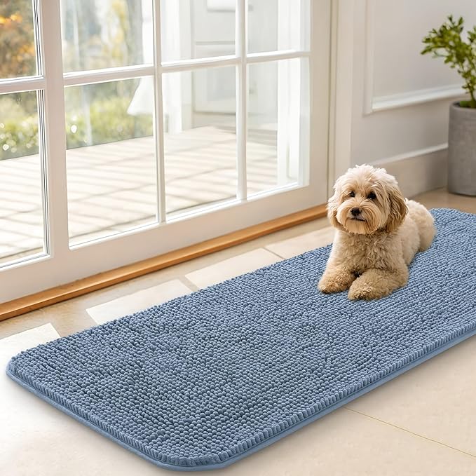 OLANLY Dog Door Mat for Muddy Paws 47x17, Absorbs Moisture and Dirt, Absorbent Non-Slip Washable Doormat, Quick Dry Chenille Mud Mat for Dogs, Entry Indoor Entryway Carpet for Inside Floor, Airy Blue