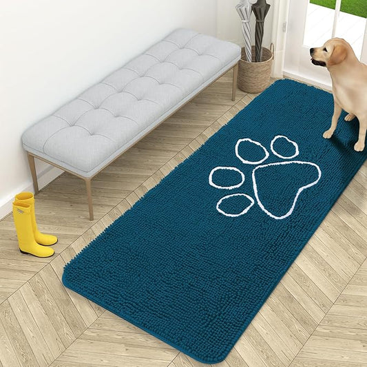 OLANLY Dog Door Mat for Muddy Paws 59x24, Paw Print Design, Absorbs Moisture and Dirt, Absorbent Non-Slip Washable Doormat, Quick Dry Chenille Mud Mat, Entry Indoor Entryway Carpet, Atlantic Blue