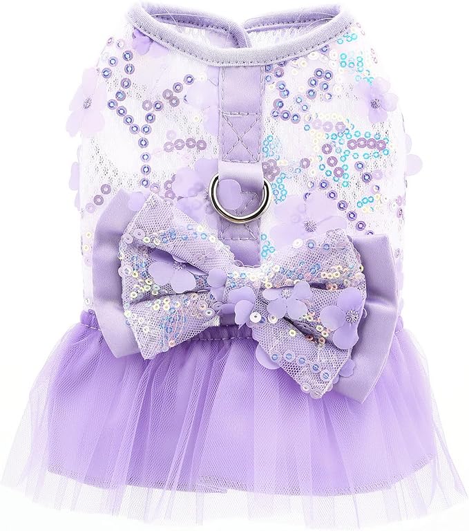 Dog Dress,Luxury Bow Princess Tutu Dresses for Girl Dogs Cute Fashion Mesh Pet Skirt with Sequins Flower Cat Puppy Clothes Wedding Party Outfits Chihuahua Apparel Button up D-Ring,Purple,M