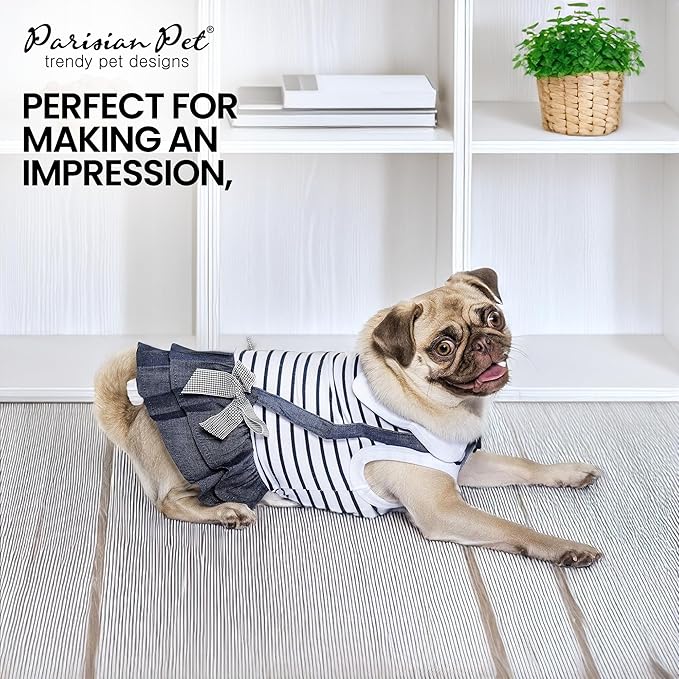 Parisian Pet Preppy Girl Dress - Stylish Chambray Skirt Summer Outfit - Lightweight Sleeveless Overall for Large Dogs 2XL