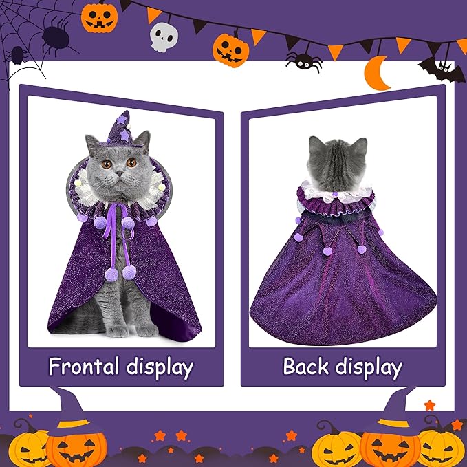 KOUPA Pet Halloween Costume with Hat, Dog Clothes Cosplay Wizard Cloak for Small Puppy Kitten Animal, Shiny Cat Outfit Suit for Party Holiday Christmas, Purple