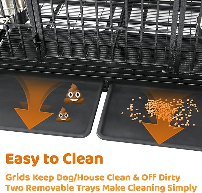 Homey Pet 48 Inch Heavy Duty Indestructible Dog Crate, Stackable Escape Proof Dog Cage Kennel Indoor with Two Trays, Metal Grids, Wheels, Bowls, Double Doors for High Anxiety Large Dogs(2 Tiers)