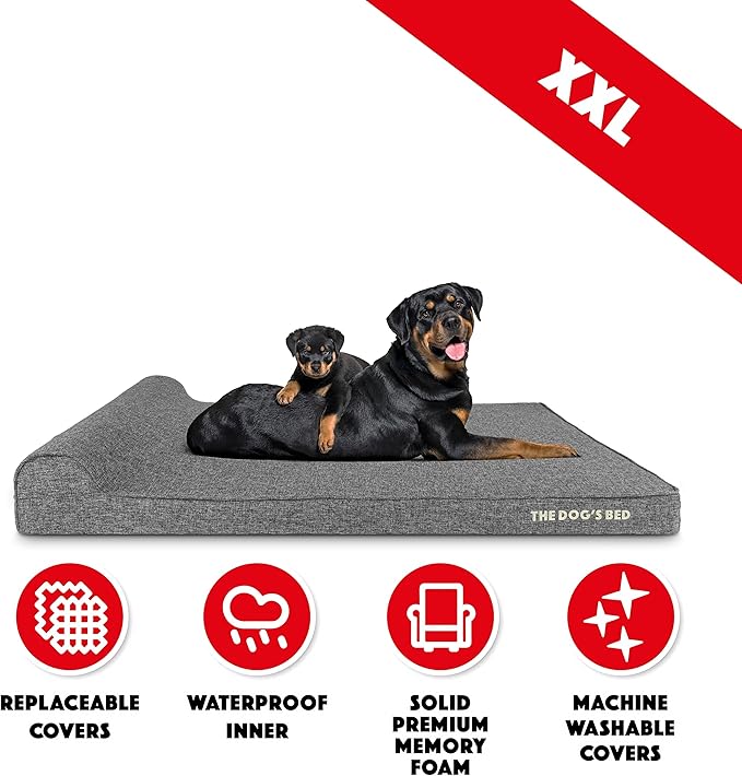 The Dog’s Bed Orthopedic Headrest Dog Bed XXL Grey Linen, Memory Foam, Pain Relief for Arthritis, Hip & Elbow Dysplasia, Post Surgery, Lameness, Waterproof Washable Cover