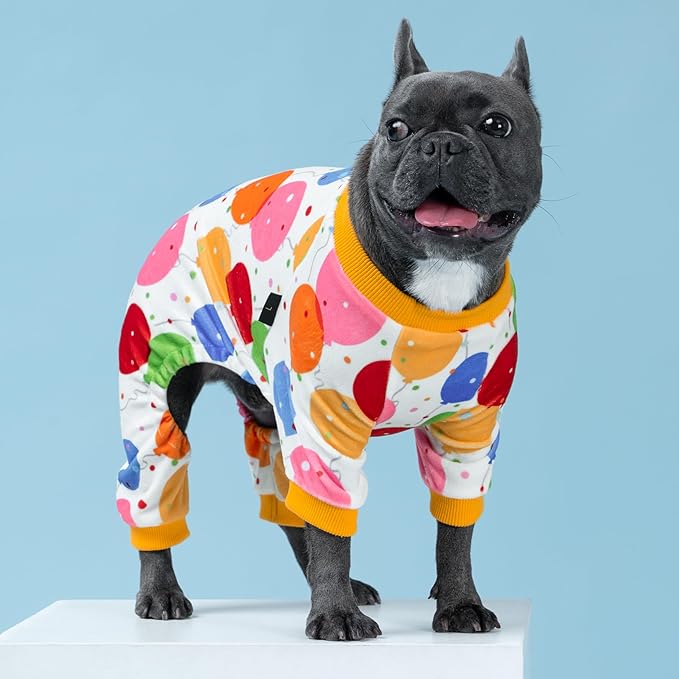 Fitwarm Balloon Dog Fleece Pajamas, Birthday Outfit for Small Dogs Boy Girl, Cozy Pet Onesie with Feet, White, Yellow, Red, Blue, Green, XXL