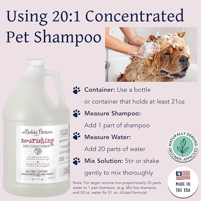 Bobbi Panter Nourishing Dog Conditioner - Detangles & De-Matts with Natural Safflower Oil, Keratin, Shea Butter, Aloe Vera for Fur, Sea Air Scent, 10:1 Concentrate, Made in The USA, 1 Gal.