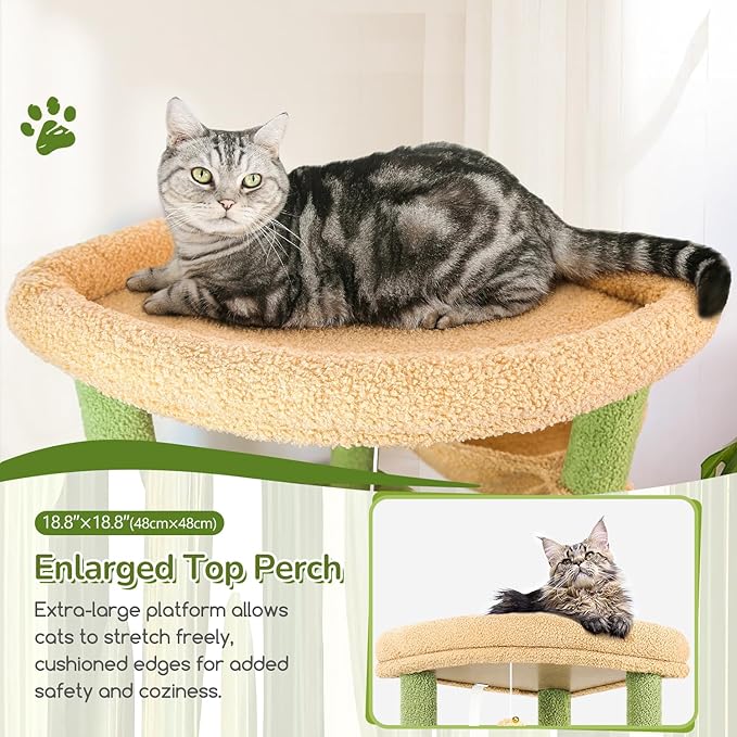 Globlazer Cactus Heavy Duty Cat Tree, 74in Tall Sturdy Cat Tower for Large Cats Adult Big Cat Tree with 7 Scratching Posts, 2 Padded Spacious Condos, 2 Hanging Baskets, Enlarged Top Perch, S74, Green