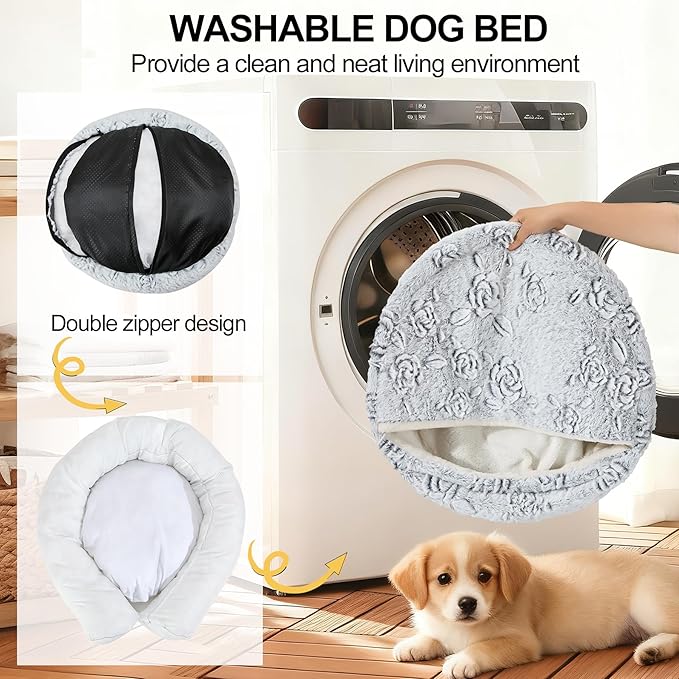 Calming Dog Beds & Cat Cave Bed with Hooded Cover,Removable Washable Round Beds for Small Medium Pets,Anti-Slip Faux Fur Fluffy Coved Bed for Improved Sleep,Fits up to 15/25 lbs(Rose,M)