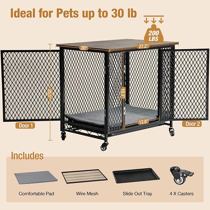 Dog Crate Furniture with Cushion, Wooden Dog Crate Table, Modern Kennel for Dogs Indoor, Heavy-Duty Dog Cage with Multi-Purpose Removable Tray, 27.2" L