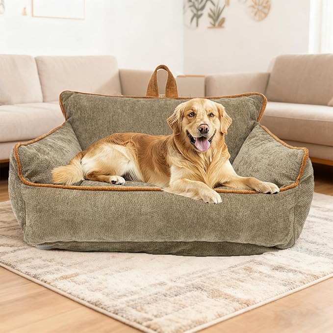 Large Orthopedic Dog Sofa Bed with Sides, Carry Handle & Side Pockets .Plush Chenille Orthopedic Pet Bed Couch for Large Dogs.Portable Snuggler for Indoor Use, Travel & Recovery(Brown)