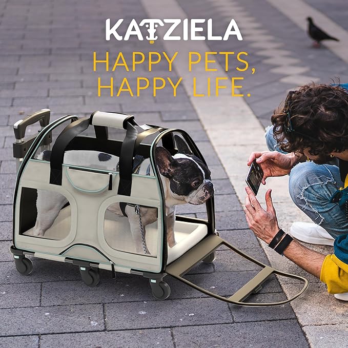 Katziela Pet Carrier - Airline Compliant Dog Carrier - TSA Approved Pet Carrier for Small Dogs and Cats - Soft FAA Travel Airplane Dog Carrier Luggage (Light Grey/Blue-Pro)
