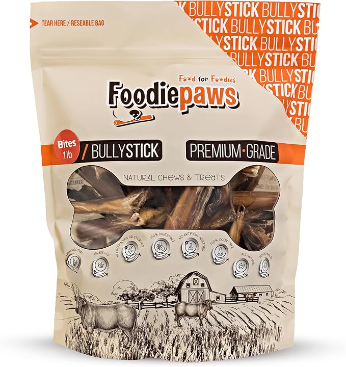 FOODIEPAWS Bully Stick Bites for Dogs, 1 lb Bulk Pack (2-3 Inch) | Training Treats | All Natural, Grass-Fed Beef Pizzle | Grain-Free, Rawhide-Free & Fully Digestible | High Protein Dental Chews