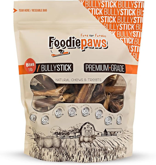 FOODIEPAWS Bully Stick Bites for Dogs, 1 lb Bulk Pack (2-3 Inch) | Training Treats | All Natural, Grass-Fed Beef Pizzle | Grain-Free, Rawhide-Free & Fully Digestible | High Protein Dental Chews