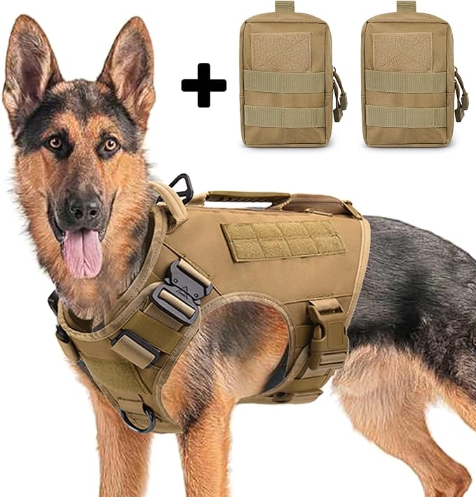 Tactical Dog Backpack Harness for Large Breed Original Design Metal Buckle Vest with Side Bags Pouches for Service Working Training (Khaki (with 2 Pouches), Medium)