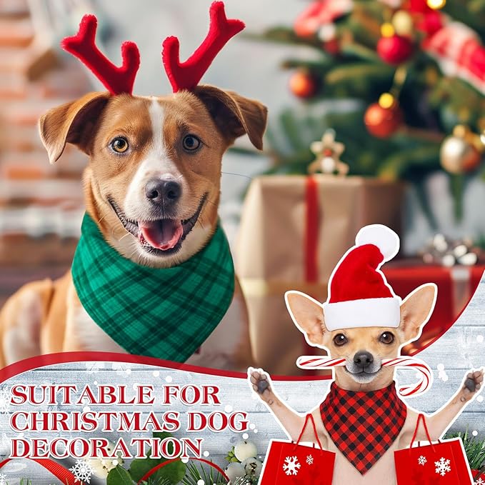 Abbylike 100 Pcs Christmas Dog Bandanas Bulk Red and Green Buffalo Plaid Bandanas for Dogs Triangle Kerchief Bibs Scarf for Pet Xmas Costume Photo Props Accessories, 25 Styles (25.6 x 17.7 x 17.7)