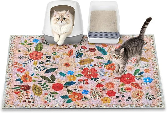 Cat Litter Mat, 35" x 23" Litter Box mat, Upgrade Non-Slip Kitty Litter mat, Traps 100% Litter, Soft on Kitty Paws, Easy Clean for Scatter Control, Bohe cat Food mat, Urine Waterproof