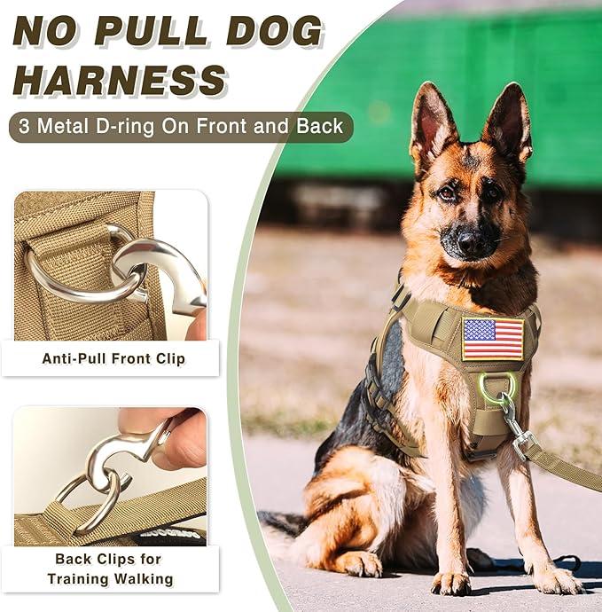 Tactical Service Dog Vest Harness and Leash Set,Heavy Duty Dog Harness with Metal Buckles for Large Dogs,Adjustable No Pull Pet Vest with 10 Patches,for Training Working Hiking,Brown XL