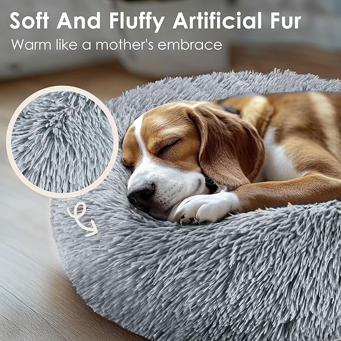 28in Large Dog Bed, Medium Size Dog and Cats, Calming Donut Bed for Puppy and Kitten, Washable Round Fluffy Pet Bed (Light Grey)