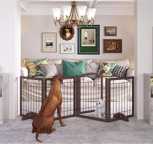 JSB 96-inch Extra Wide 30-inch Tall Dog gate with Door Walk Through, Freestanding Pet Gate for Halls, Stairs & Home, Pet Puppy Safety Dog Fence with 2PCS Support Feet (Espresso)