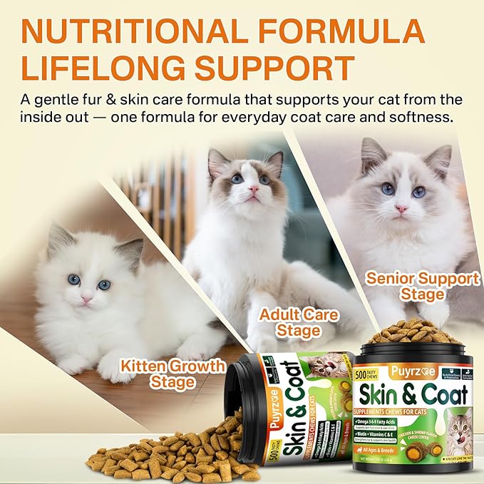 Cat Skin and Coat Health - 500 Chews Crunchy & Creamy Cheese Core with Omega 3/6/9, Vitamins C & E, Biotin for Skin Hydration & Coat Shine Supplement for Cats Kittens - Chicken & Shrimp Flavor