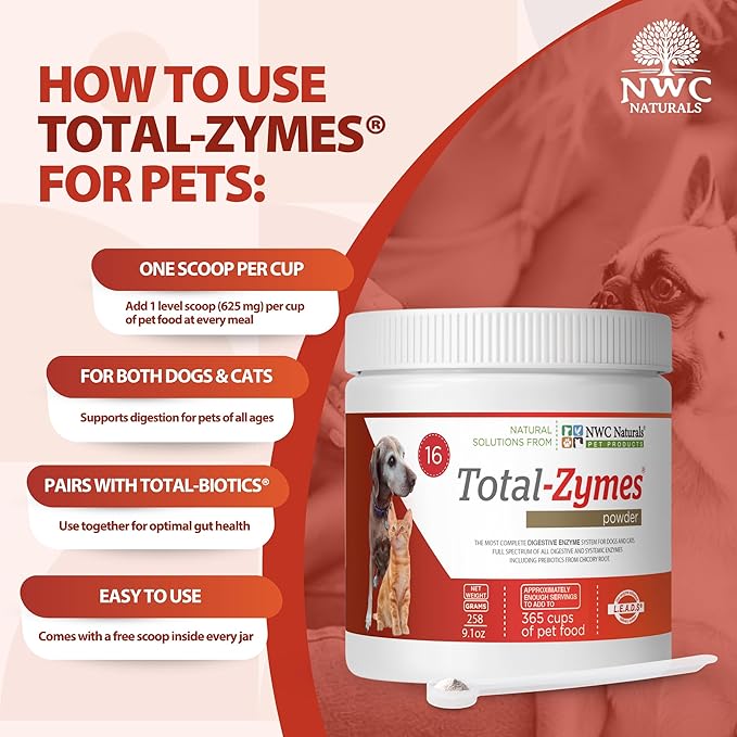 NWC Naturals Total-Zymes Digestive Enzymes for Cats and Dogs, Unflavored, Gut Health with Prebiotic to Support Food Digestion & Absorption, 365 Servings - 8 Ounces